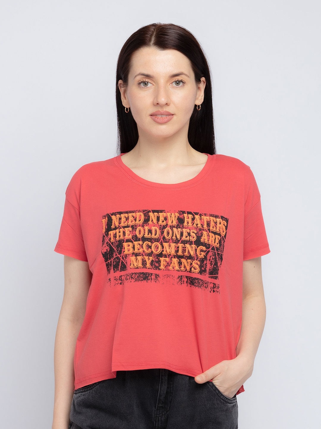 

Status Quo Women Red & Black Typography Printed Cotton T-shirt