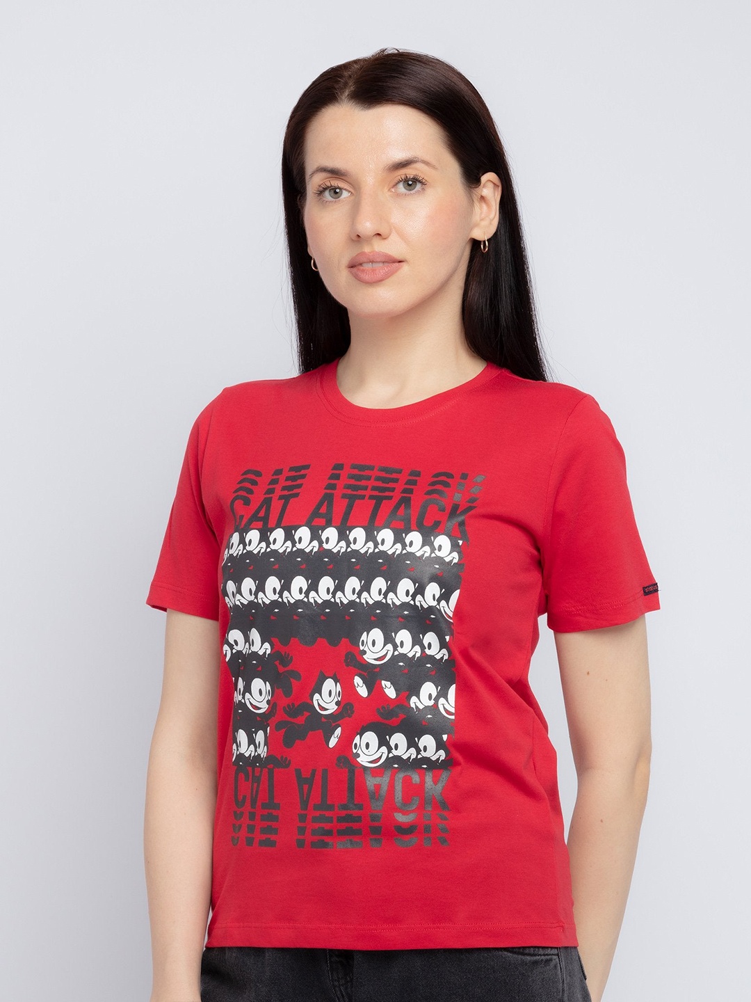 

Status Quo Women Red Printed Cotton T-shirt