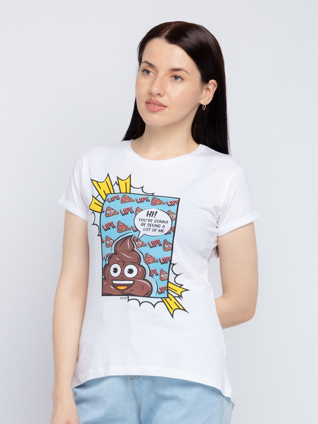 

Status Quo Women White & Blue Printed Cotton T-shirt