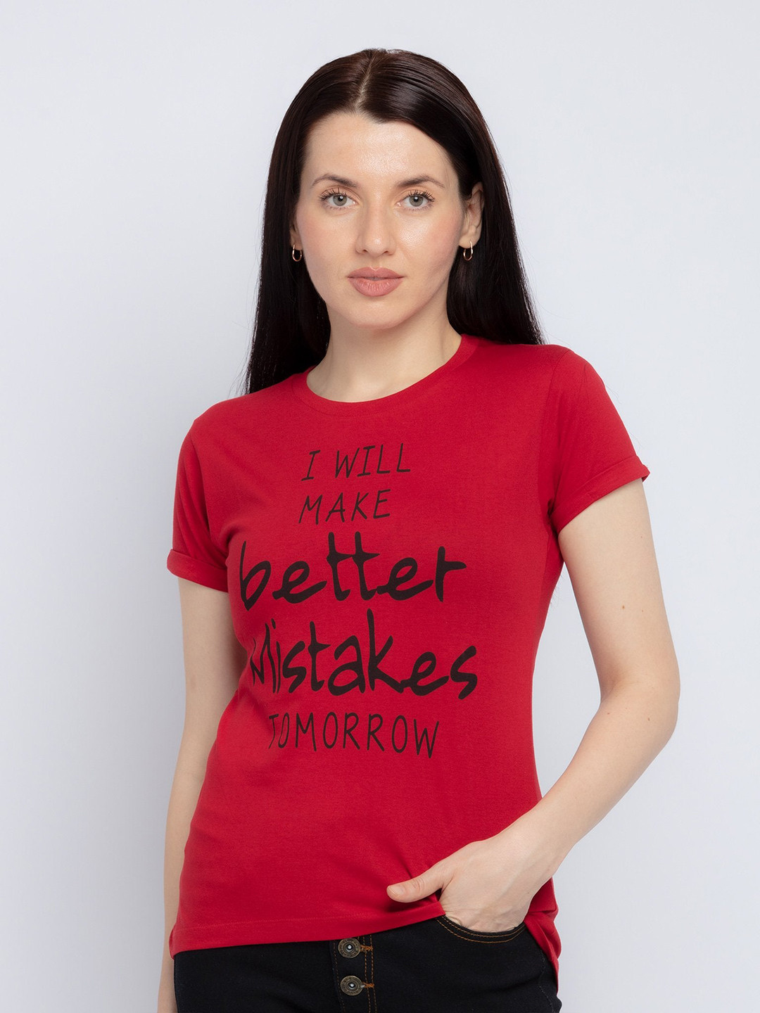 

Status Quo Women Red Typography Printed Cotton T-shirt