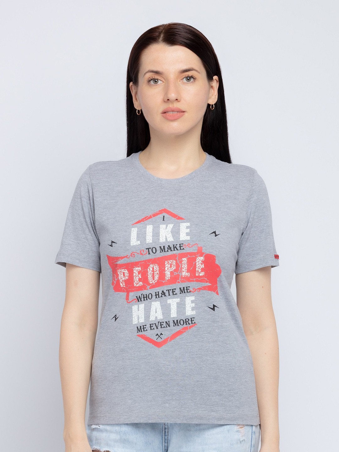

Status Quo Women Grey & Orange Typography Printed T-shirt