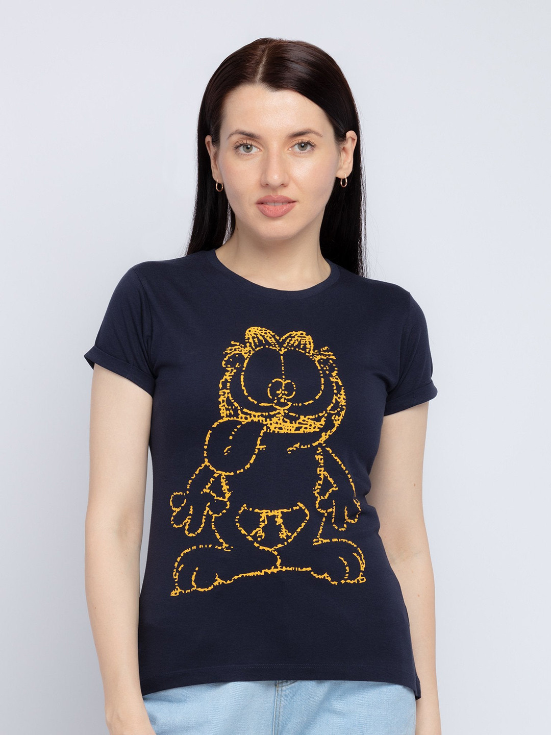 

Status Quo Women Navy Blue & Yellow Garfield Printed Cotton T-shirt