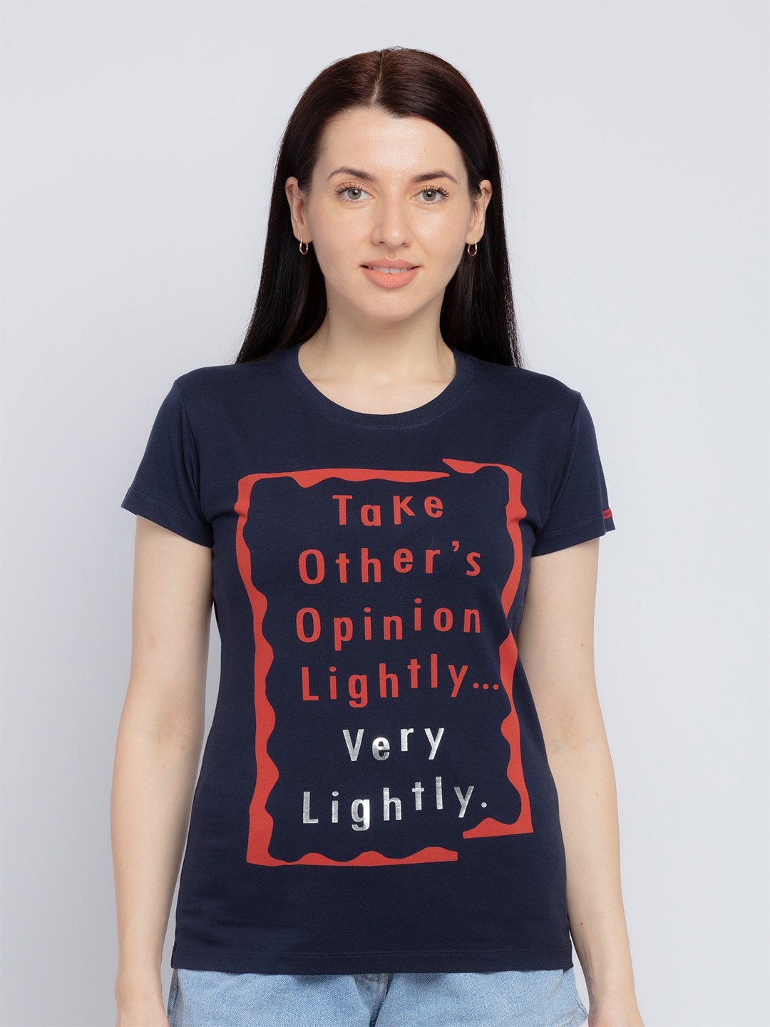 

Status Quo Women Navy Blue Typography Printed T-shirt
