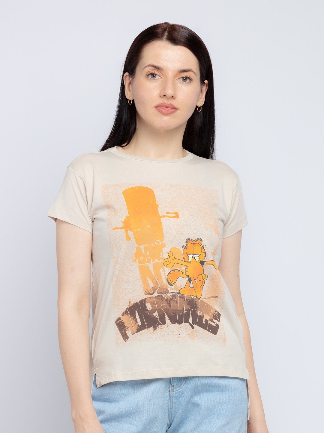 Status Quo Women Beige Garfield Printed T-shirt