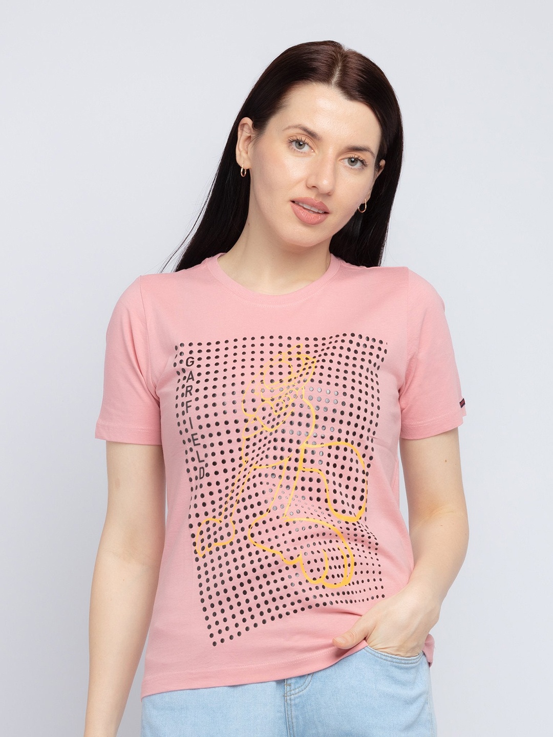 

Status Quo Women Coral & Black Garfield Printed Cotton T-shirt
