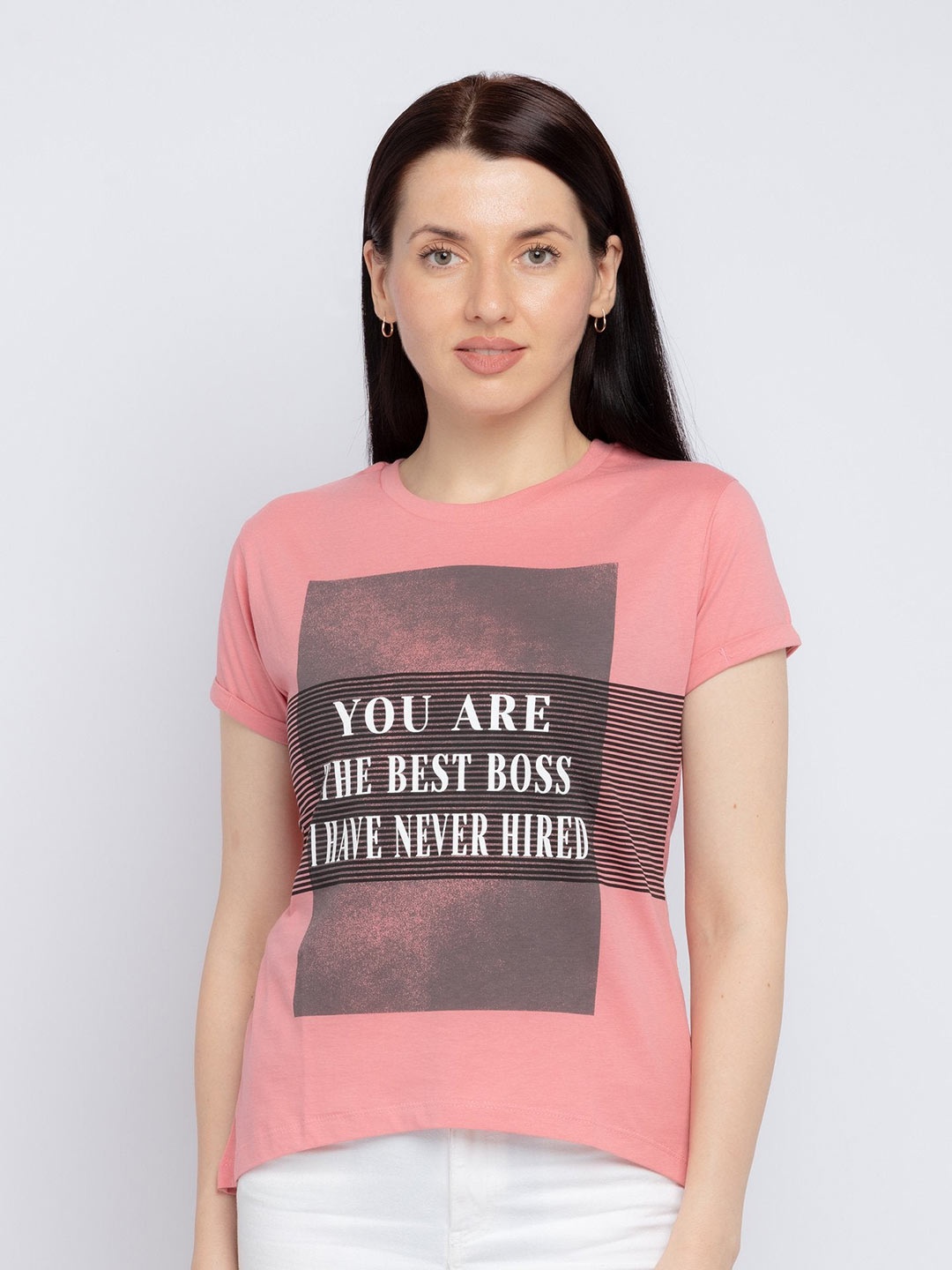 

Status Quo Women Pink & Black Typography Printed Cotton T-shirt