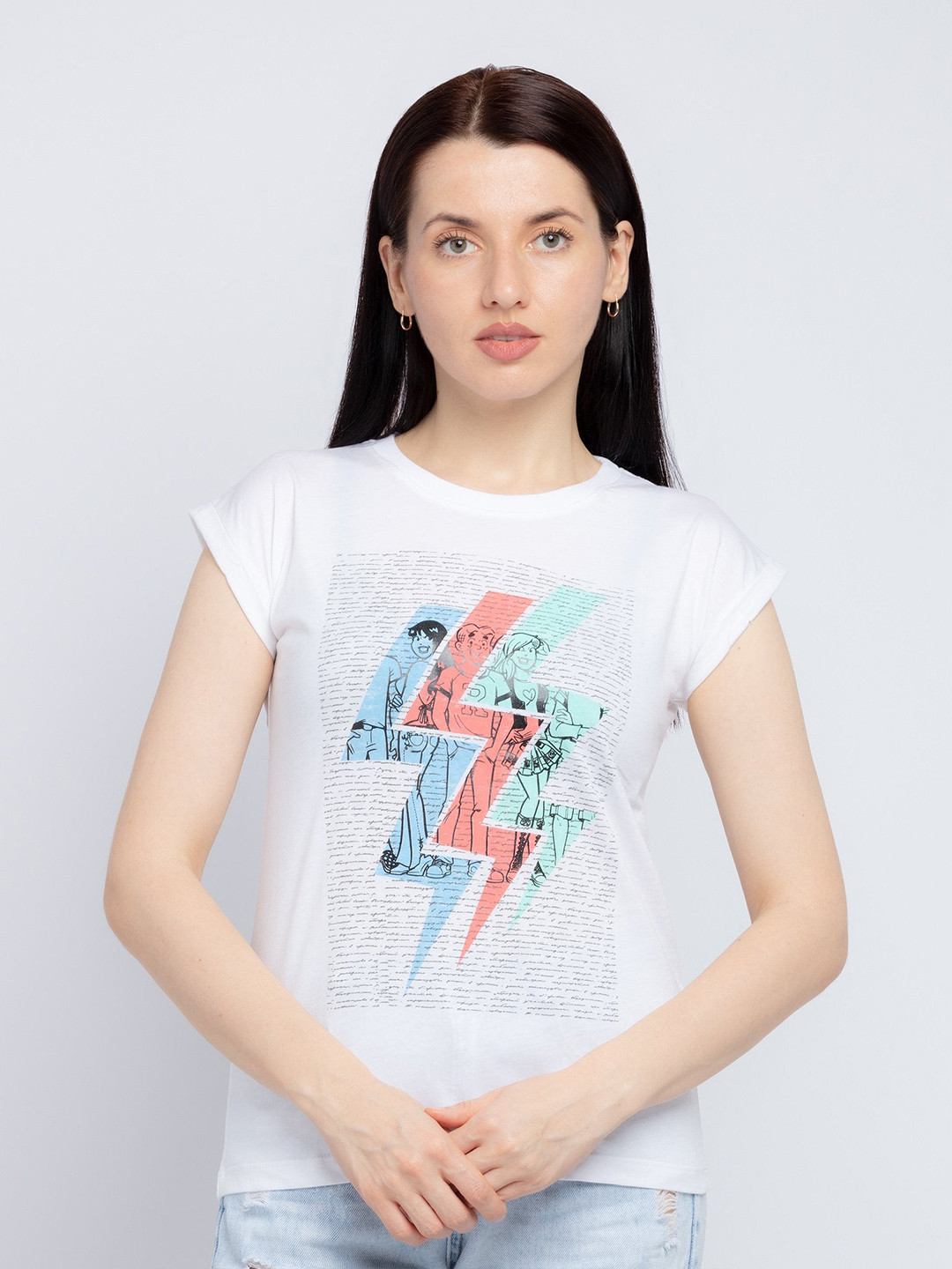

Status Quo Women White & Green Printed Cotton T-shirt