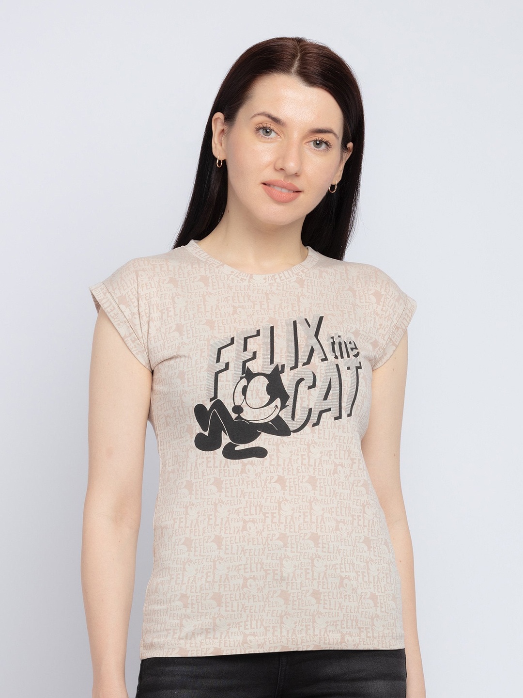 

Status Quo Women Beige & Black Felix The Cat Printed Cotton T-shirt