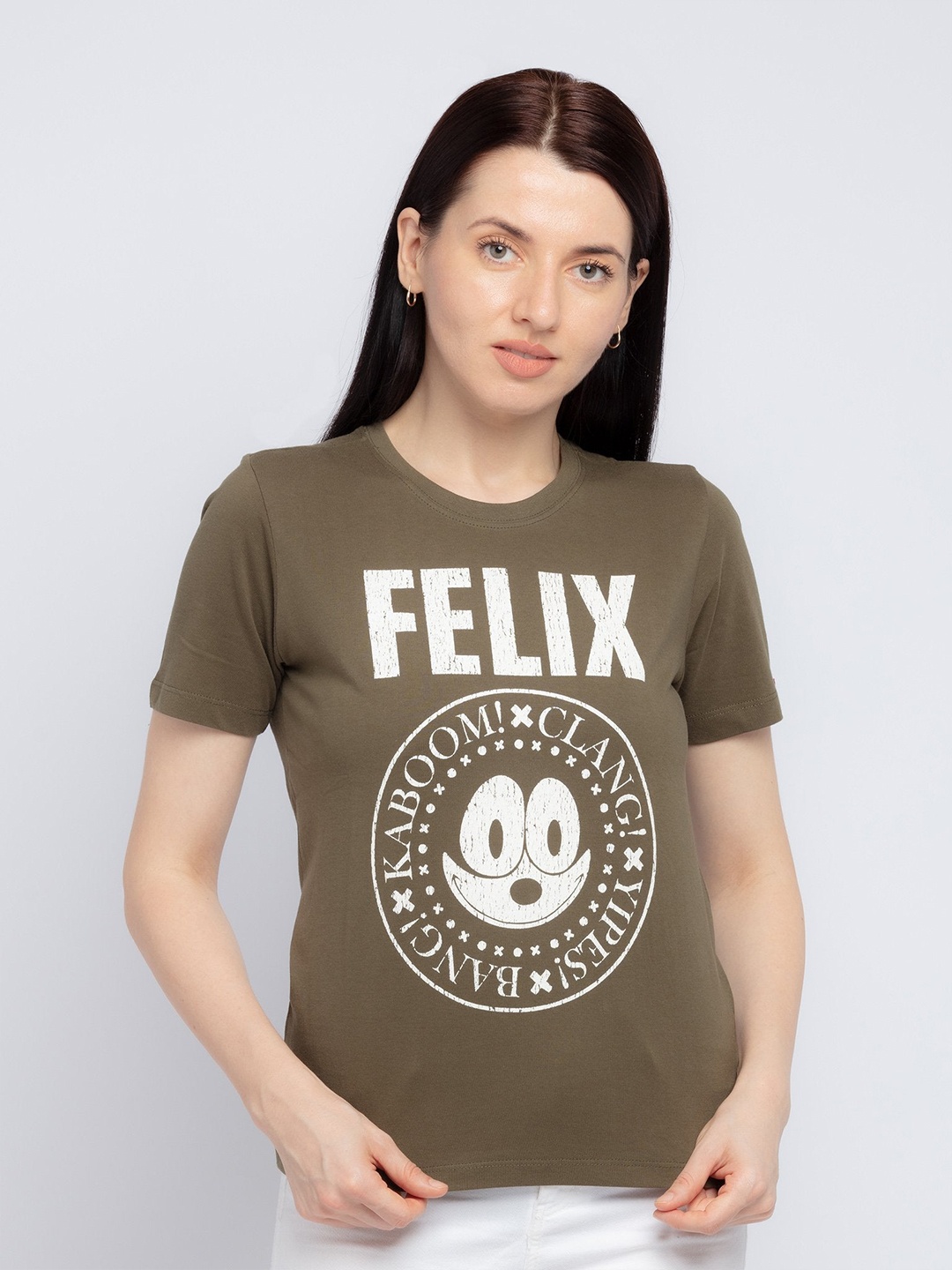 

Status Quo Women Olive Green & White Felix -The Cat Printed Cotton T-shirt