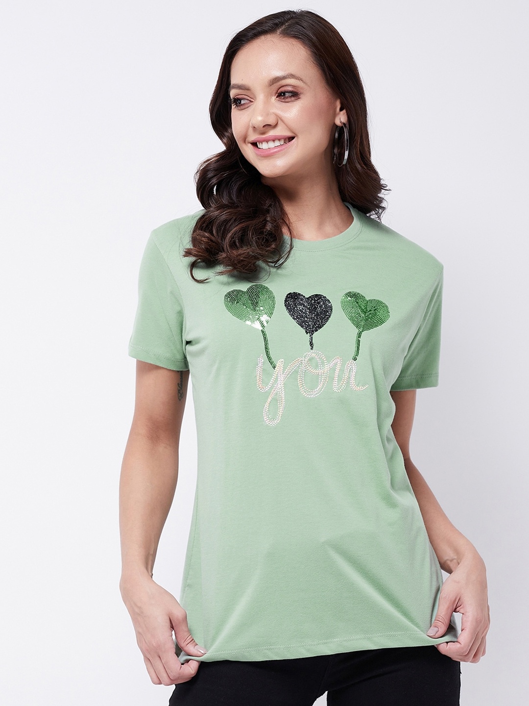 

Modeve Women Green Embroidered Cotton T-shirt