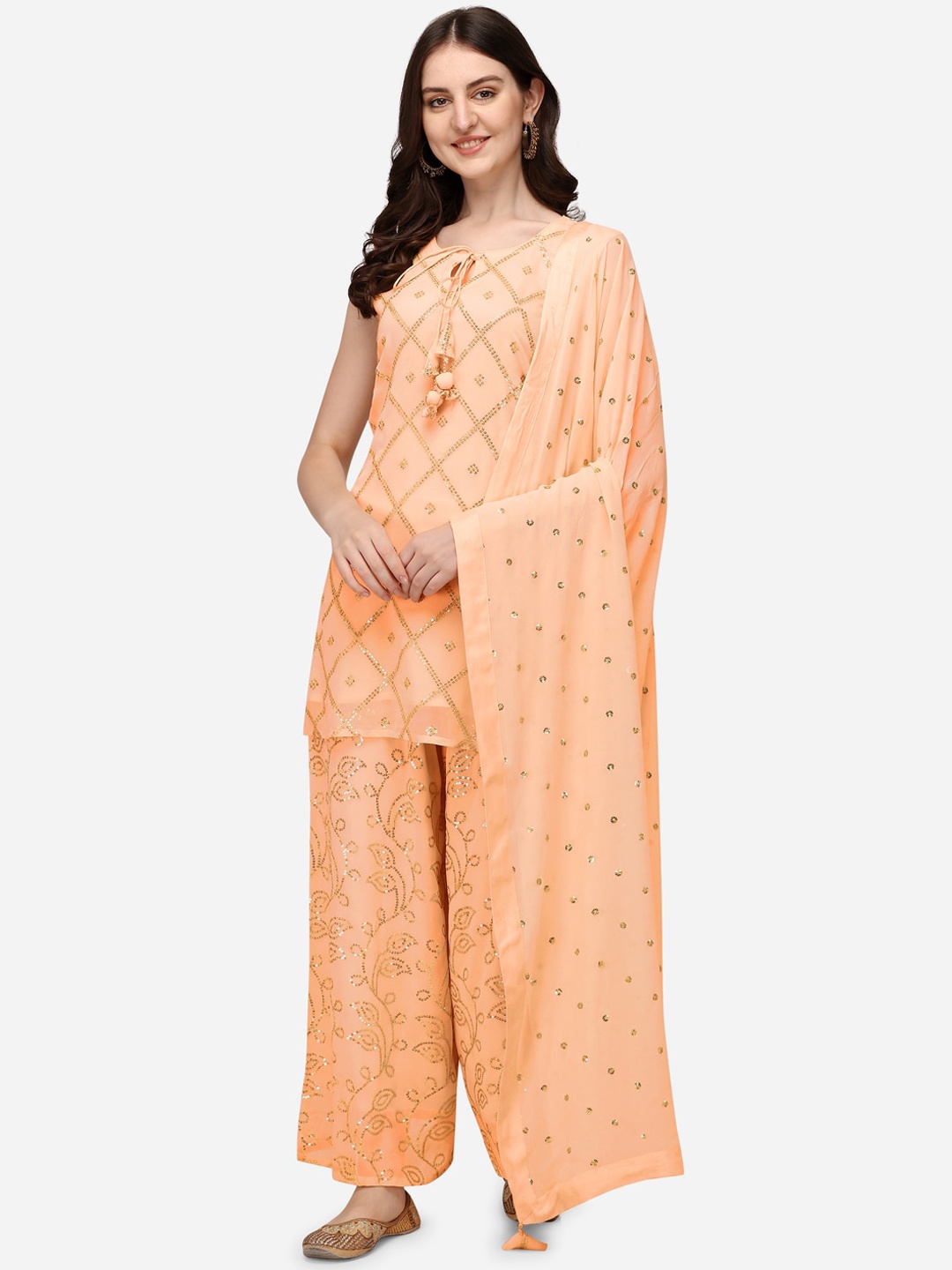 

Pure 9 Women Peach-Coloured Ethnic Motifs Embroidered Sequinned Kurti with Palazzos & Dupatta