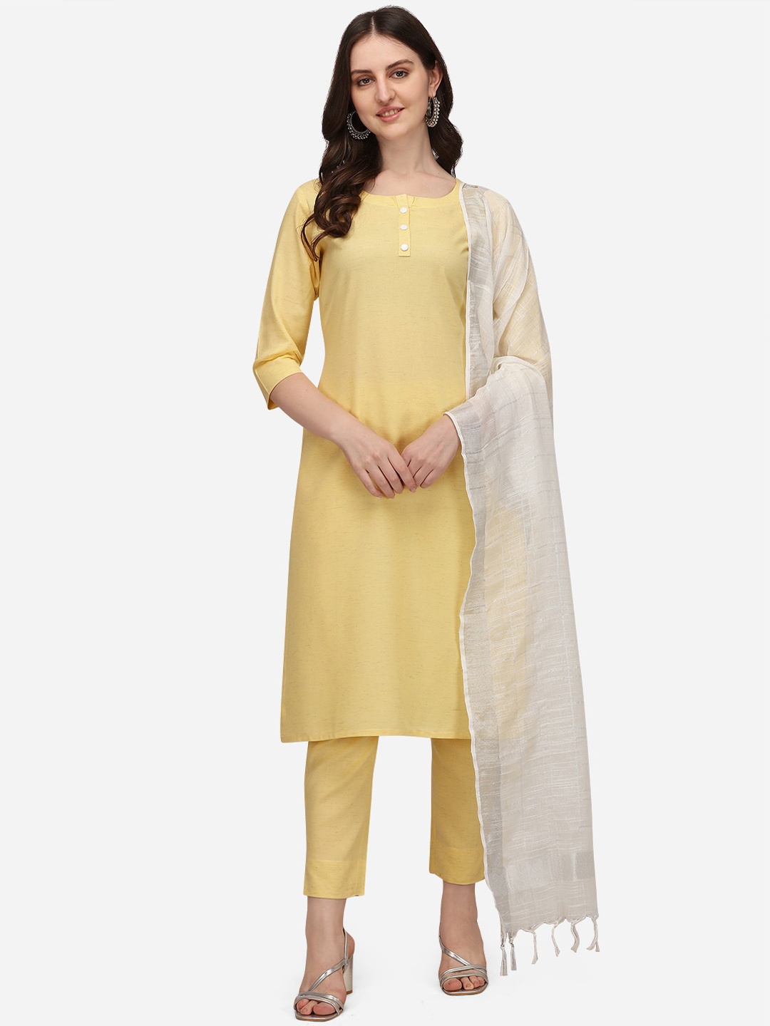 

Pure 9 Women Yellow Kurta with Trousers & With Dupatta