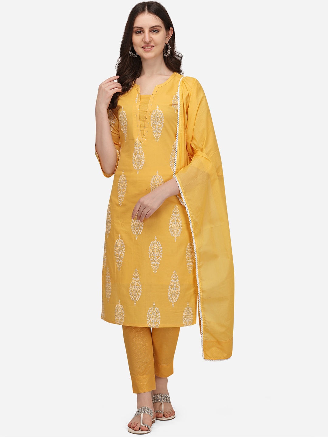 

Pure 9 Women Yellow Printed Sequinned Pure Cotton Kurta with Trousers & Dupatta