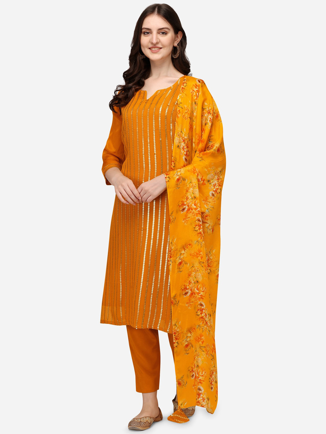 

Pure 9 Women Mustard Yellow Embroidered Sequinned Silk Chiffon Kurti with Trousers & With Dupatta