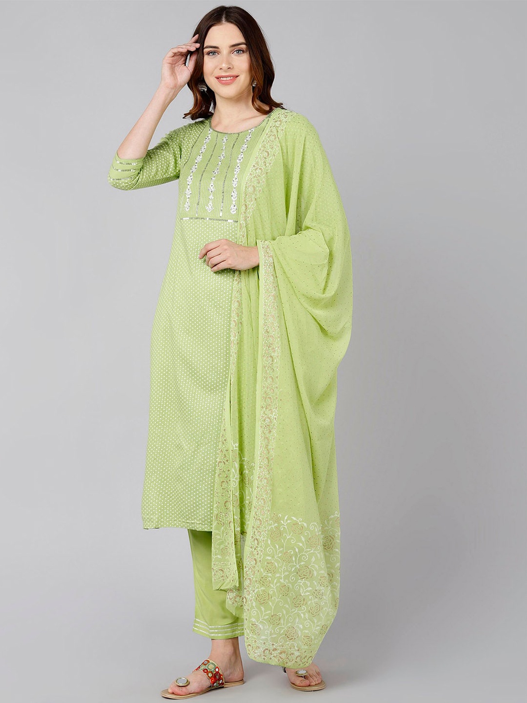 

Bani Women Green Ethnic Motifs Printed Sequinned Liva Kurta with Trousers & With Dupatta