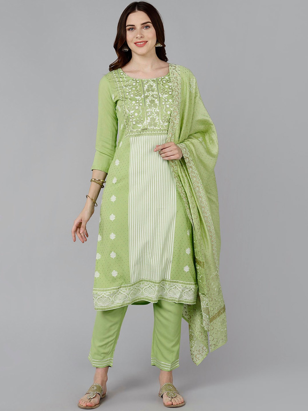 

Bani Women Green Floral Embroidered Empire Thread Work Liva Kurta with Trousers & Dupatta