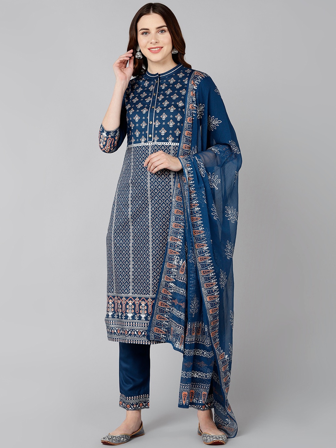 

Bani Women Blue Ethnic Motifs Printed Liva Kurti with Trousers & With Dupatta
