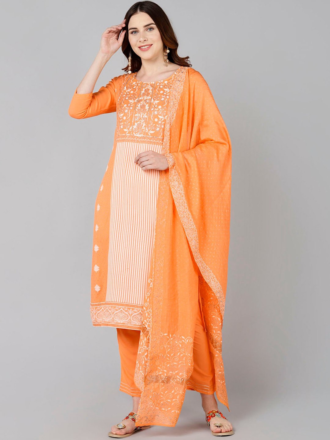 

Bani Women Orange Ethnic Motifs Printed Liva Kurta with Trousers & With Dupatta