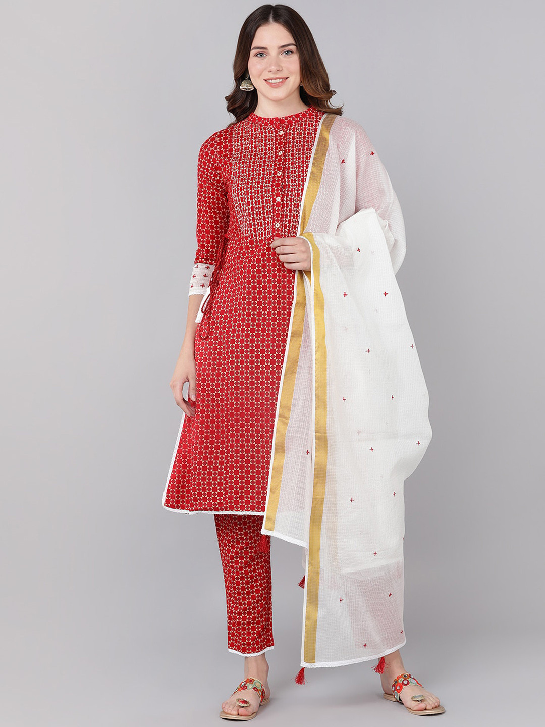 

Bani Women Maroon Printed Panelled Liva Kurta with Trousers & Dupatta
