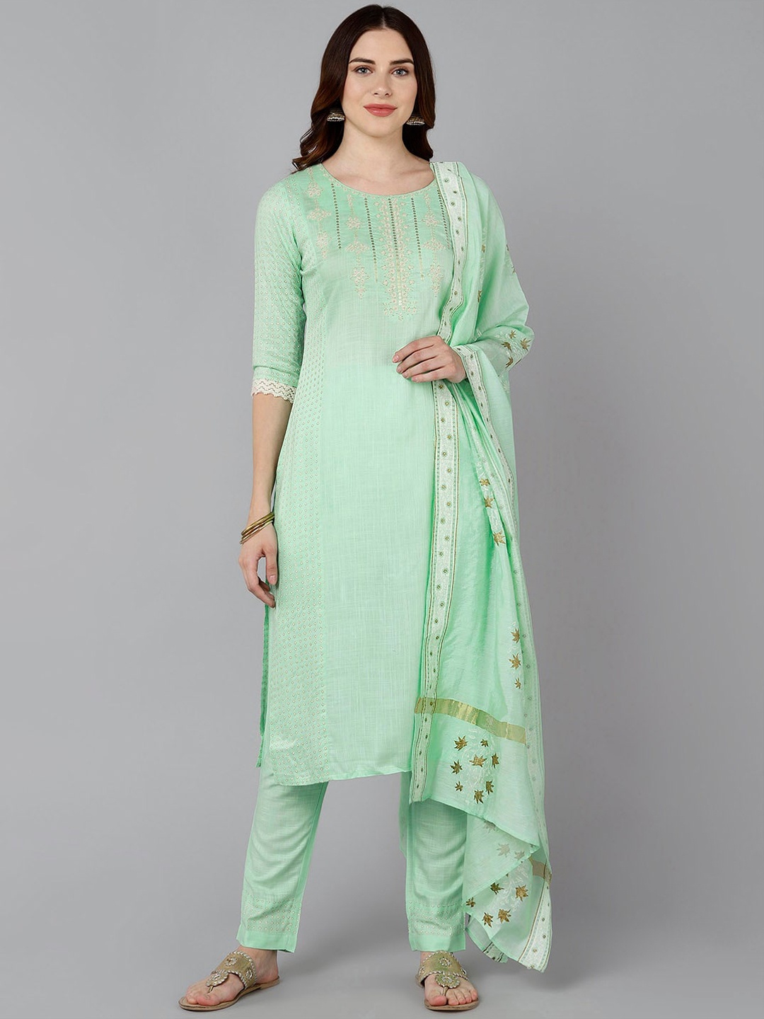 

Bani Women Green Yoke Design Liva Kurta with Trousers & With Dupatta