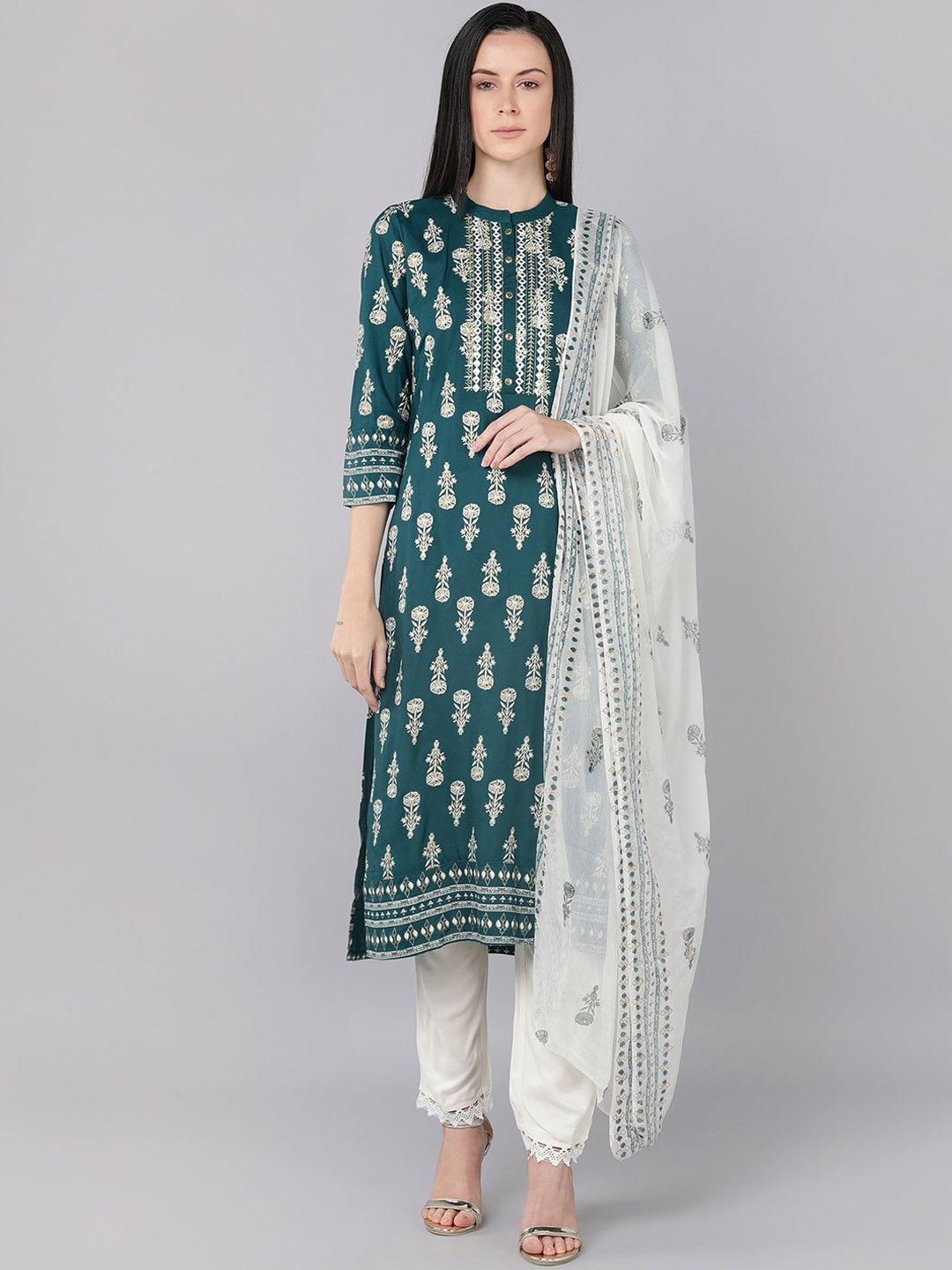 

Bani Women Green Ethnic Motifs Printed Liva Kurta with Trousers & With Dupatta
