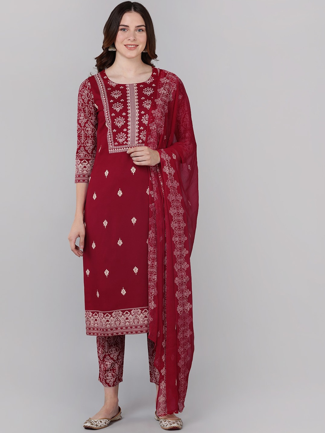 

Bani Women Maroon Ethnic Motifs Printed Liva Kurti with Trousers & With Dupatta