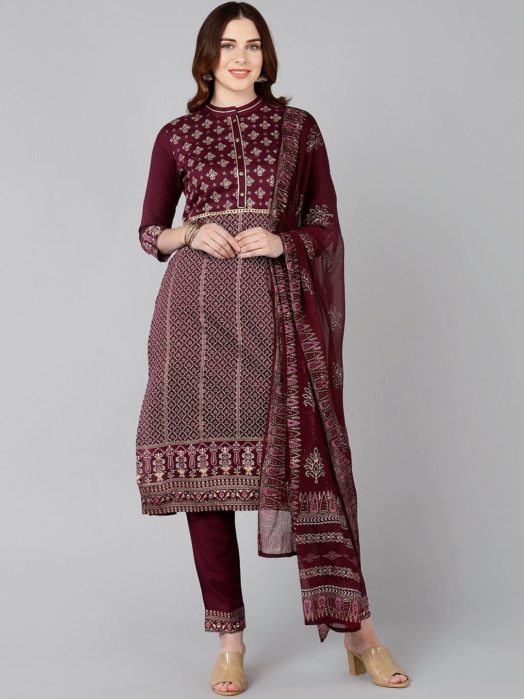 

Bani Women Maroon Ethnic Motifs Embroidered Panelled Liva Kurta with Trousers & With Dupatta