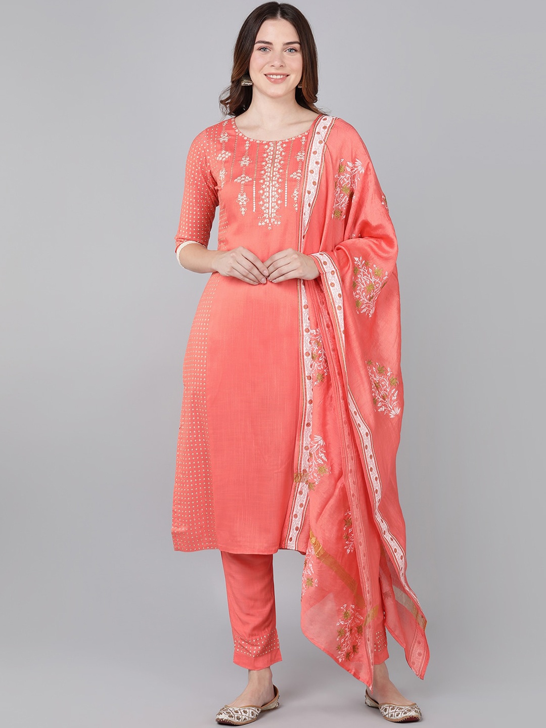 

Bani Women Peach-Coloured Ethnic Motifs Embroidered Sequinned Liva Kurti with Trousers & Dupatta