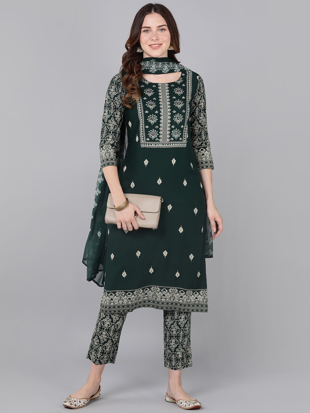 

Bani Women Green Floral Printed Liva Kurti with Trousers & With Dupatta
