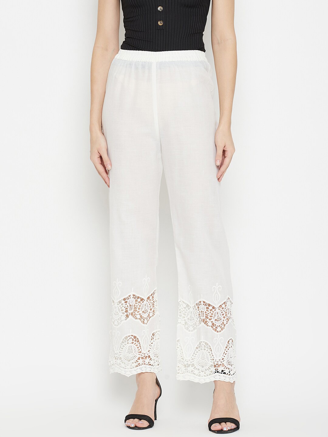 

Duke Women White Floral Self Design Cotton Palazzos