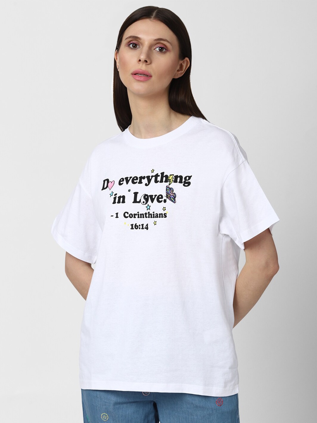 

FOREVER 21 Women White Typography Printed Pure Cotton T-shirt
