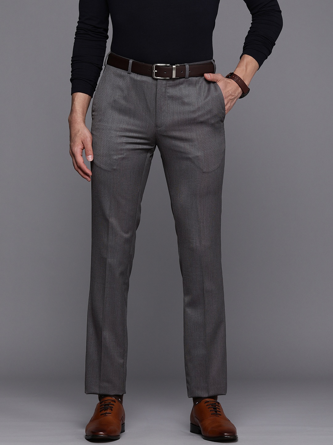 Raymond Men Taupe Solid Slim Fit Formal Trousers