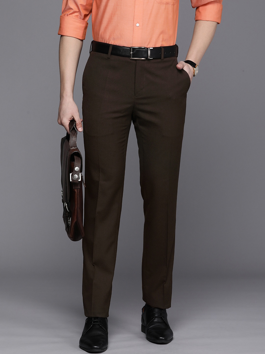 

Raymond Men Slim Fit Flat Front Formal Trousers, Coffee brown