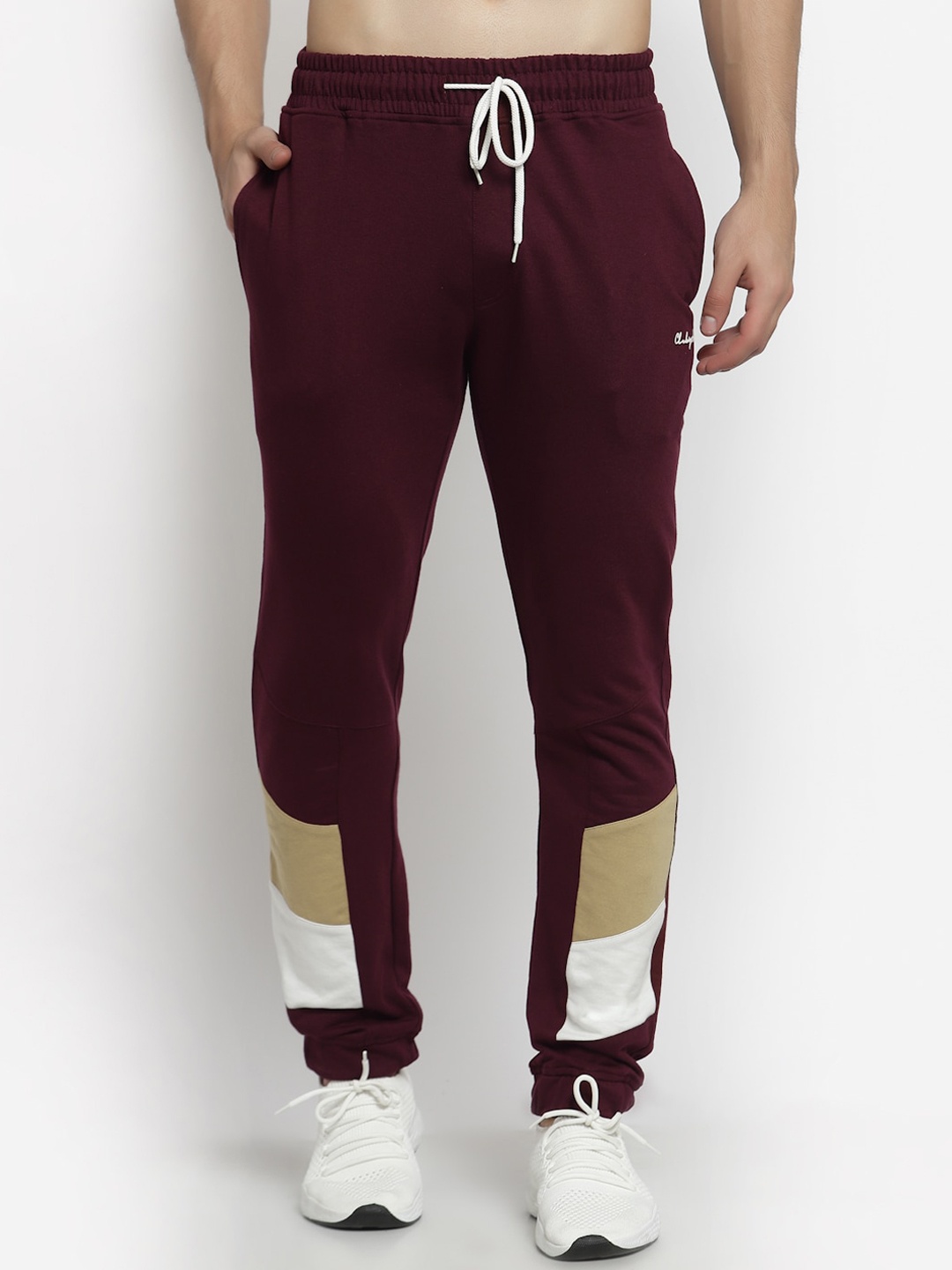 

Club York Men Wine-Maroon & Beige Colorblocked Joggers