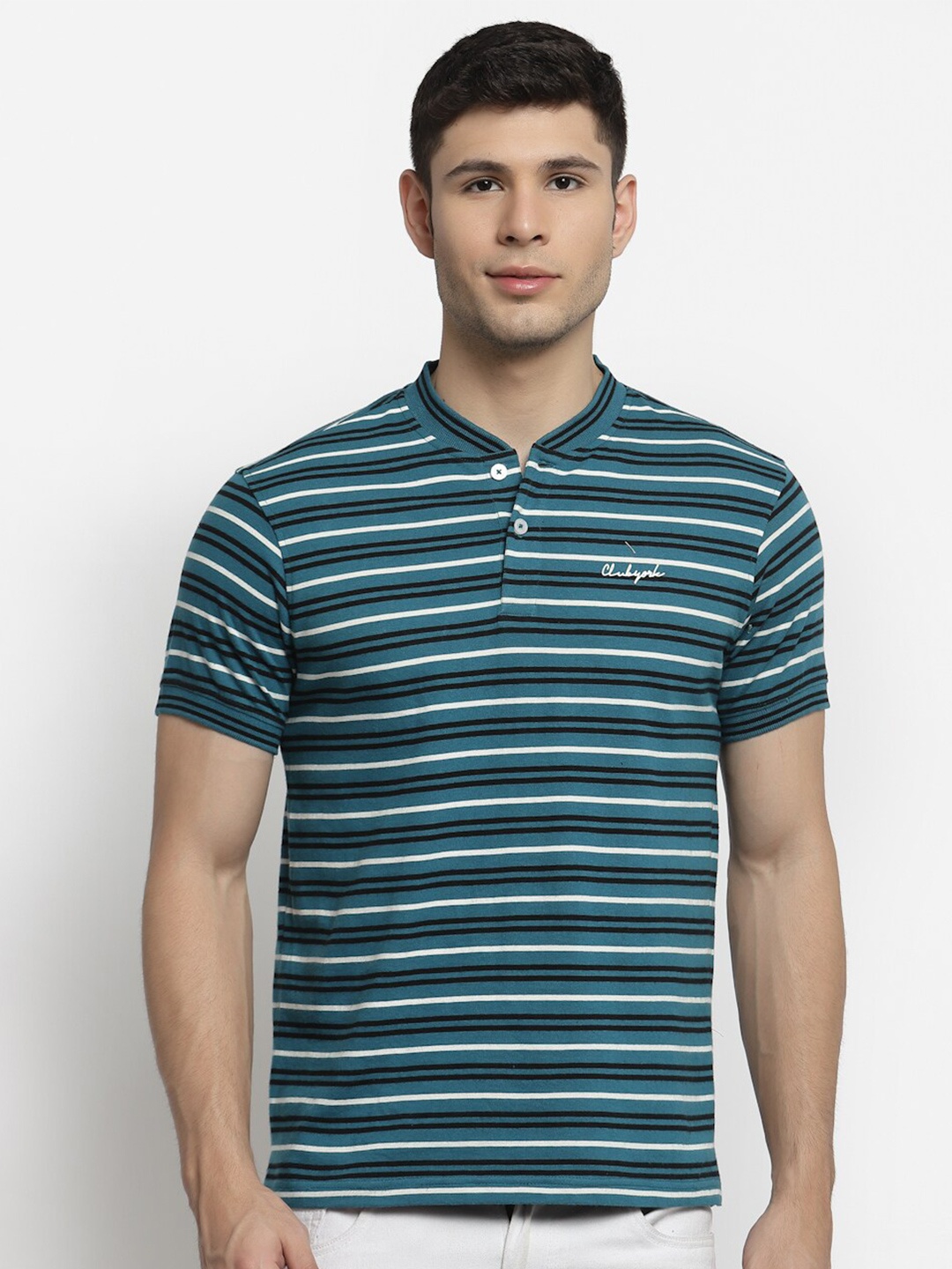 

Club York Men Blue Striped Henley Neck T-shirt