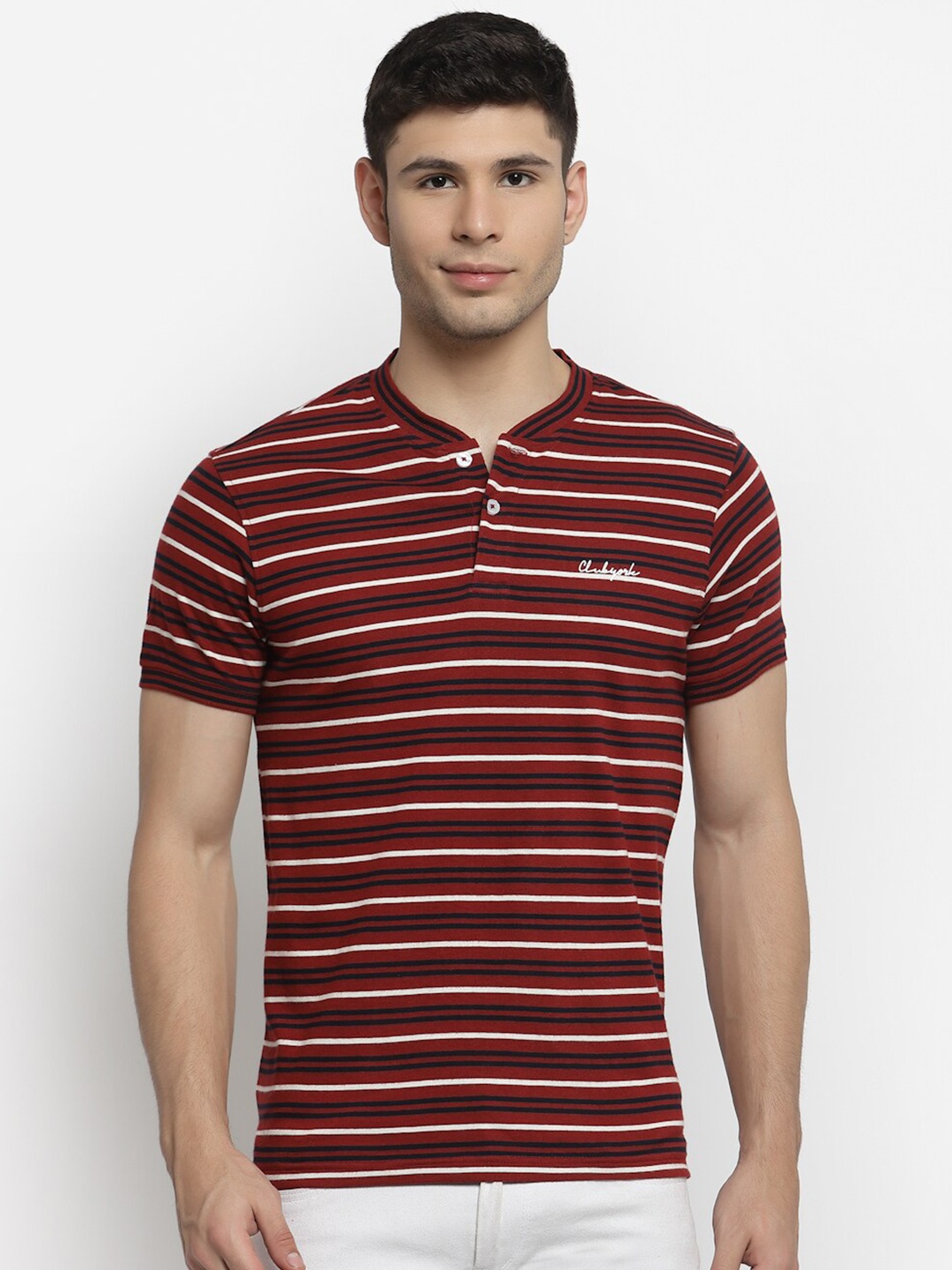 

Club York Men Maroon Striped Henley Neck Cotton T-shirt