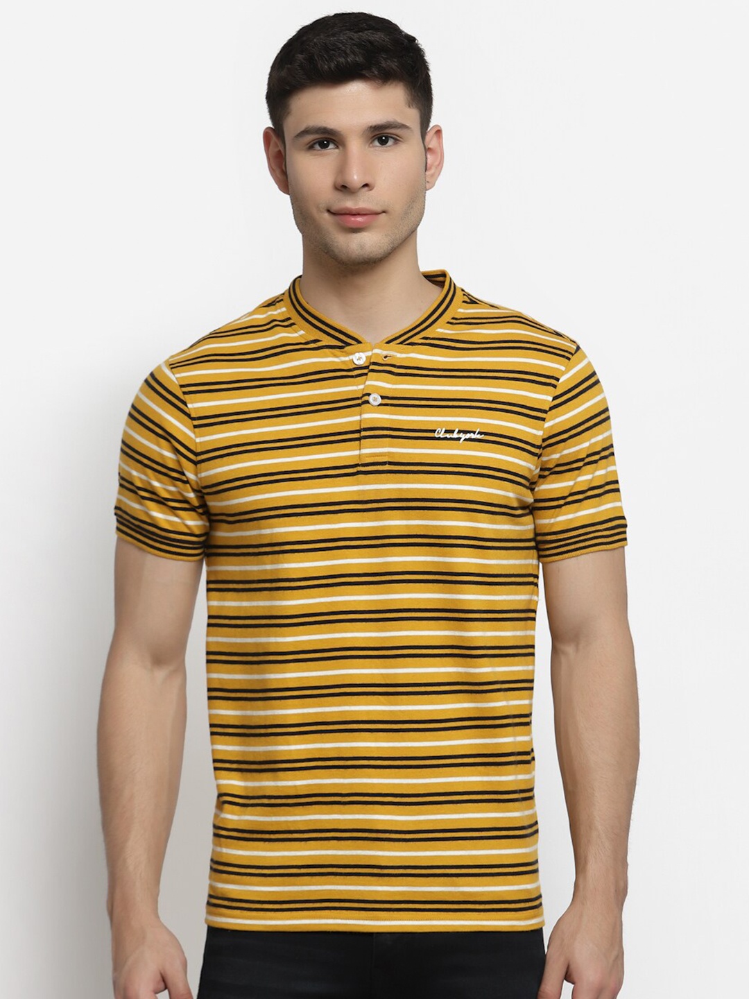 

Club York Men Mustard Yellow Striped Henley Neck Cotton T-shirt