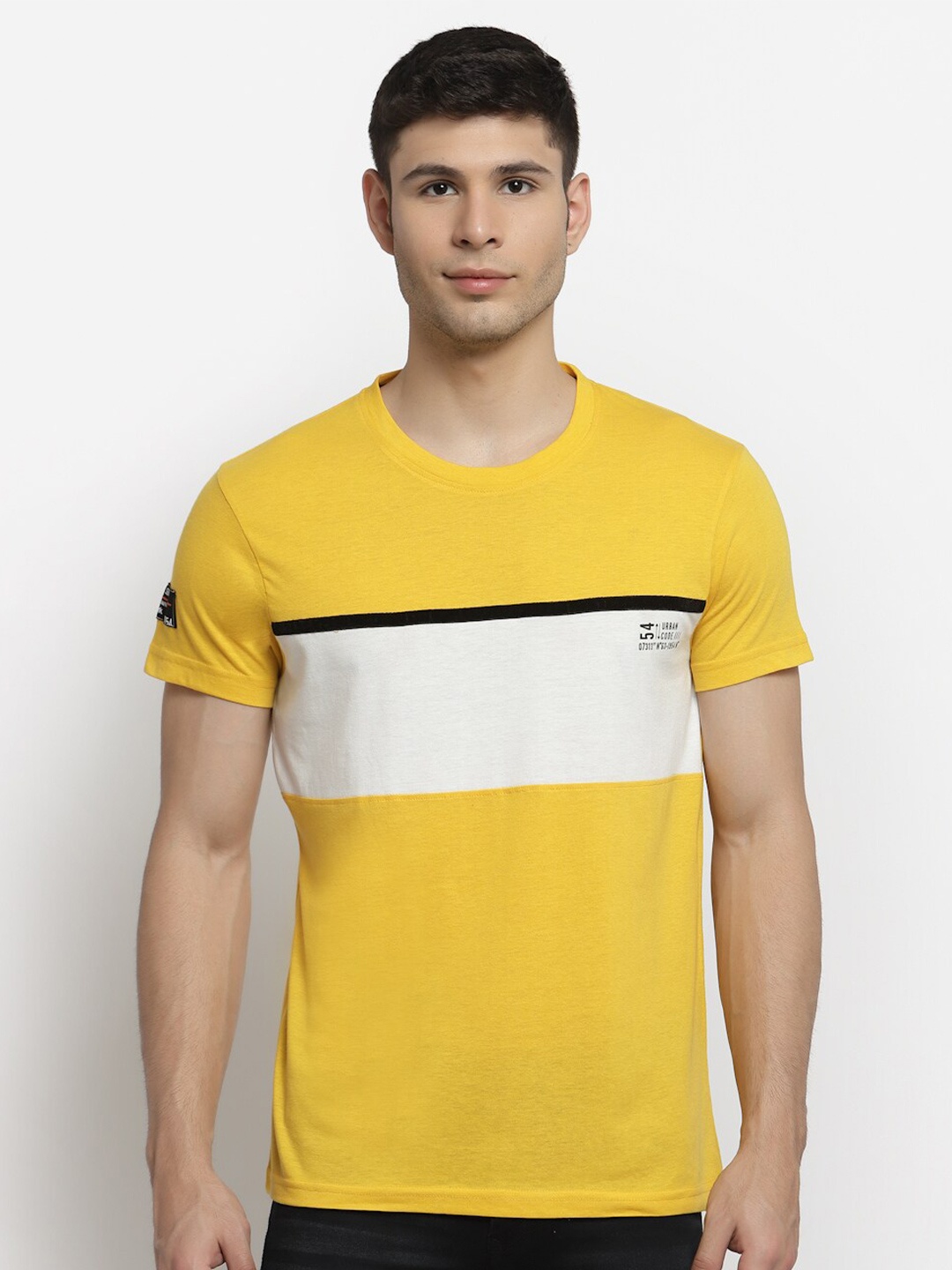 

Club York Men Yellow Colourblocked V-Neck Cotton T-shirt