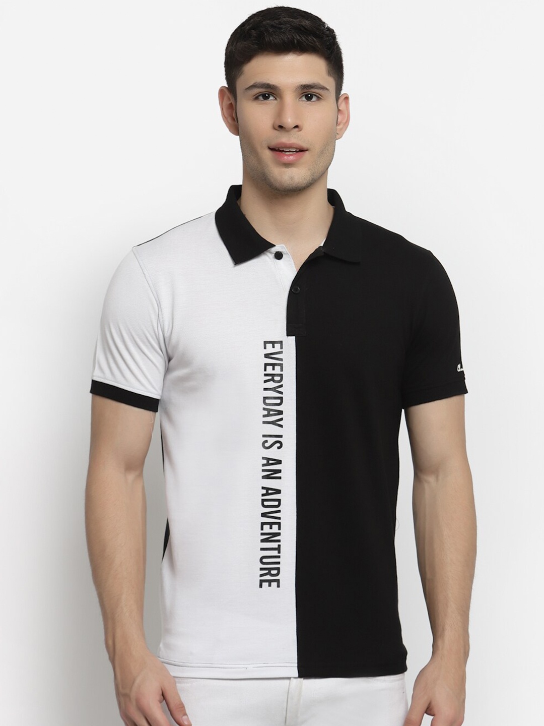 

Club York Men Black & White Typography Colourblocked Polo Collar Cotton T-shirt