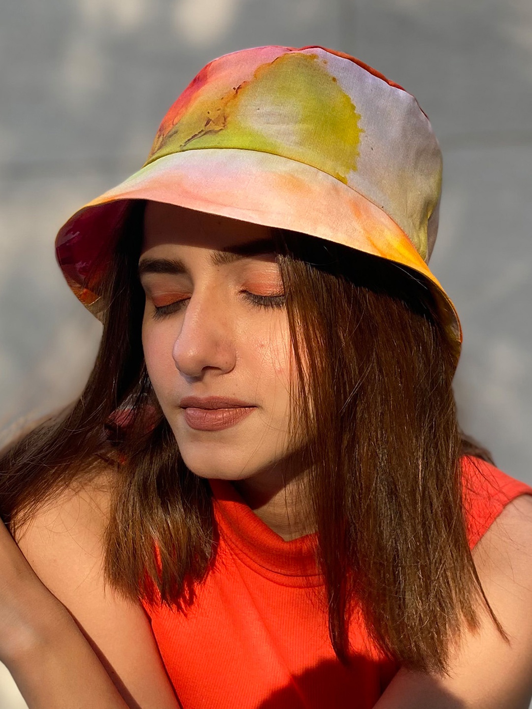 

HAIR DRAMA CO. Women Orange & Yellow Tie-Dye Printed Bucket Hat