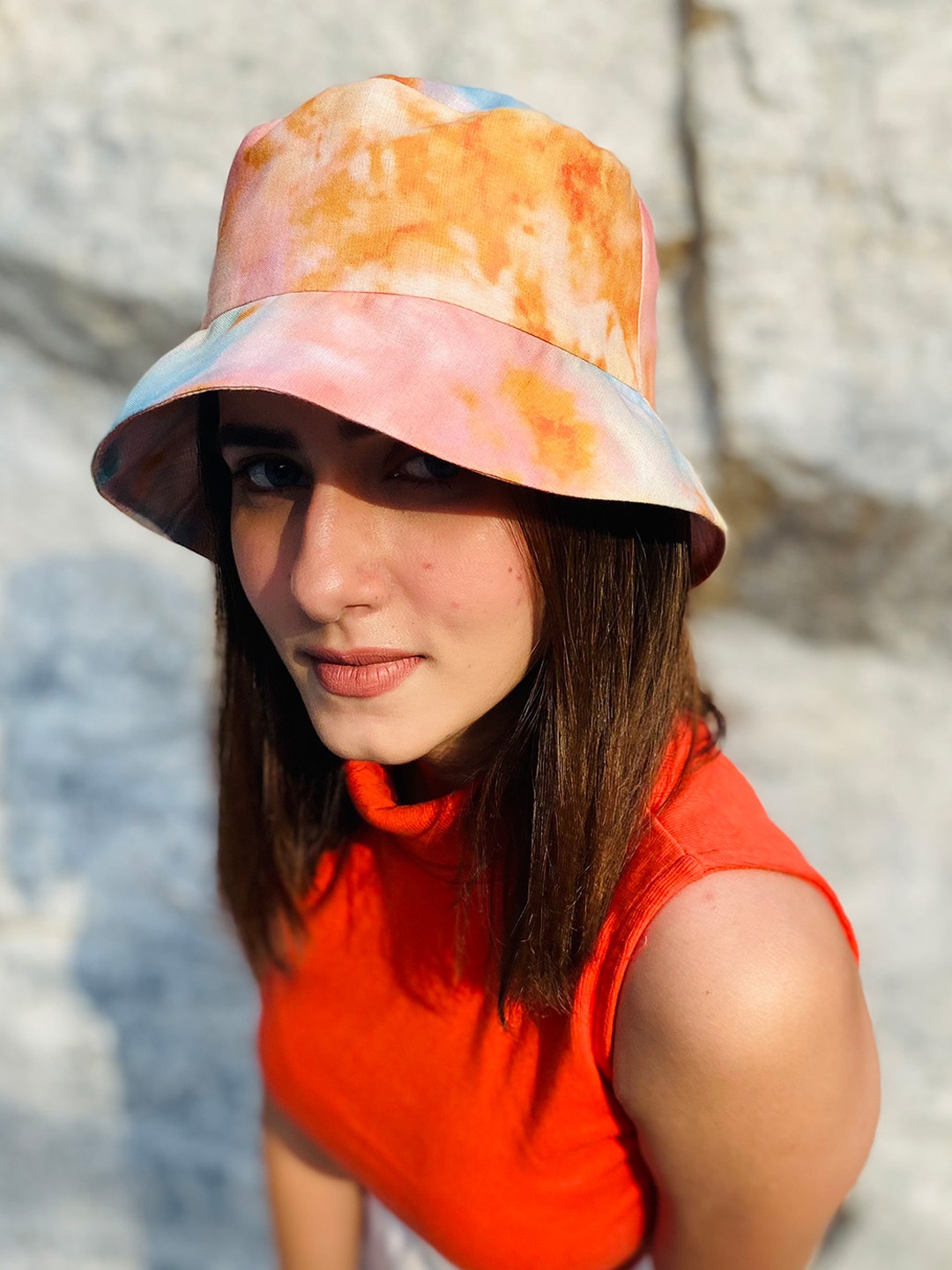 

HAIR DRAMA CO. Women Peach & Blue Tie-Dye Bucket Hat