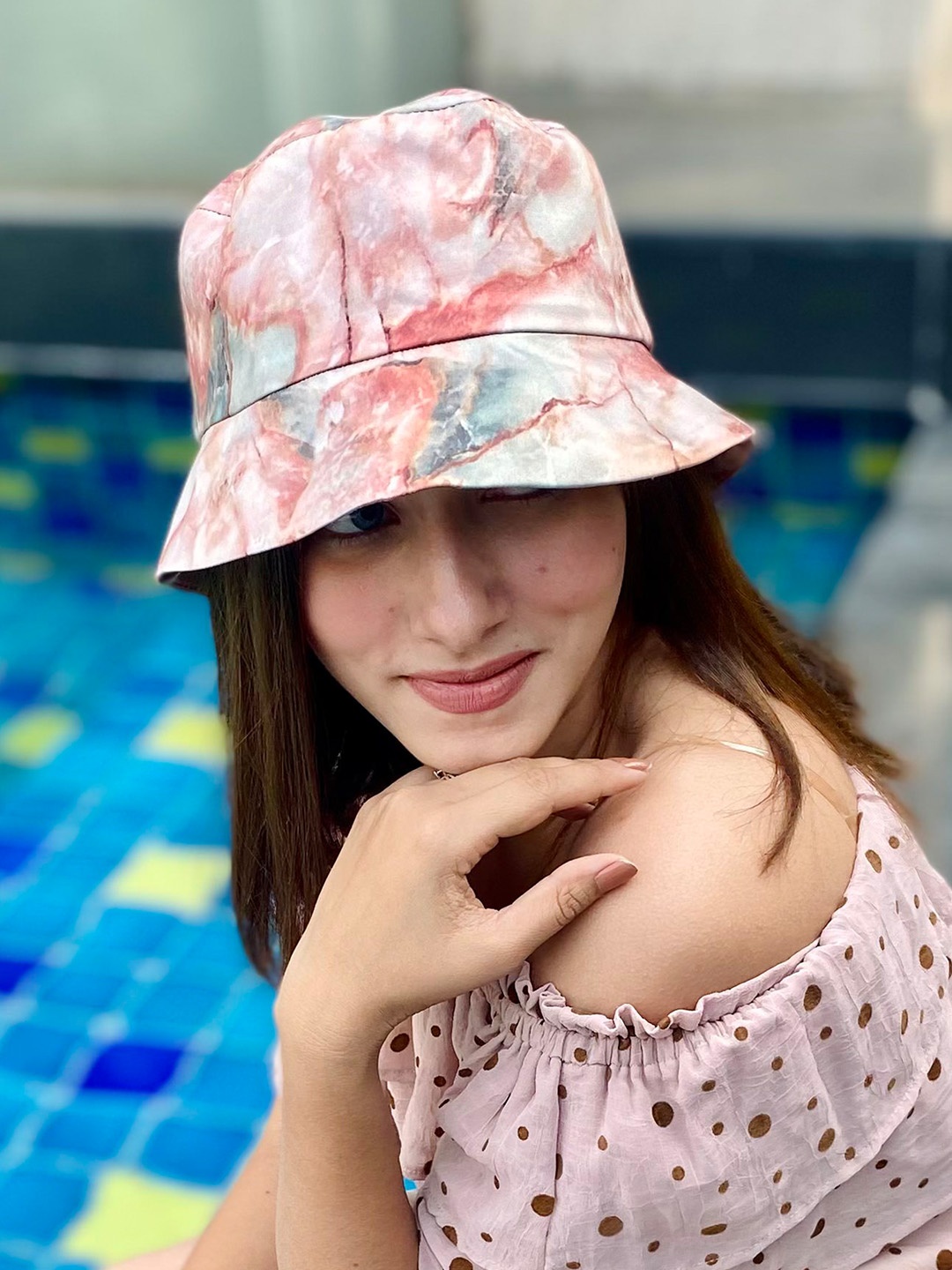 

HAIR DRAMA CO. Women Brown Marble Printed Bucket Hat