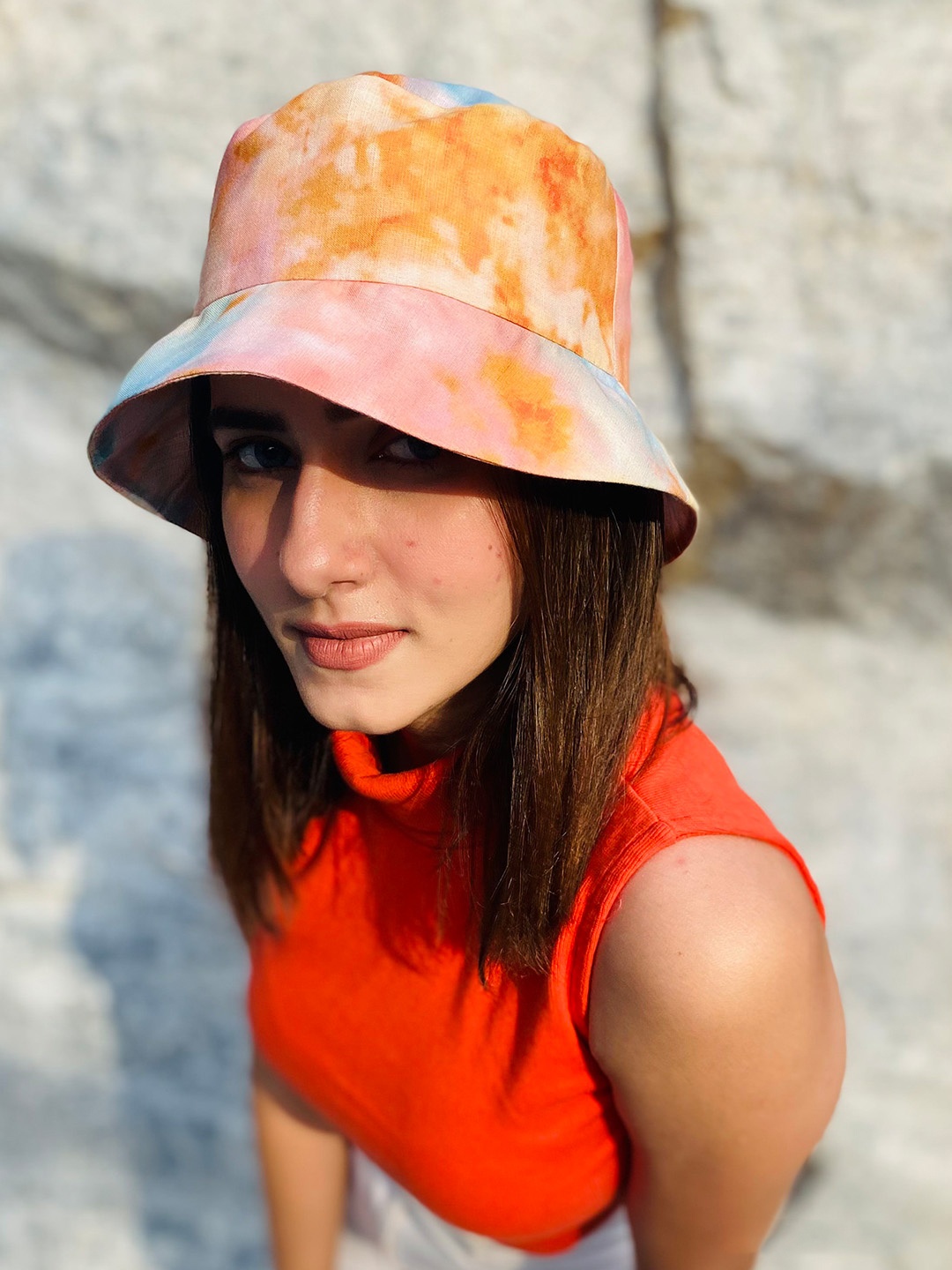 

HAIR DRAMA CO. Women Peach & Blue Tie-Dye Bucket Hat