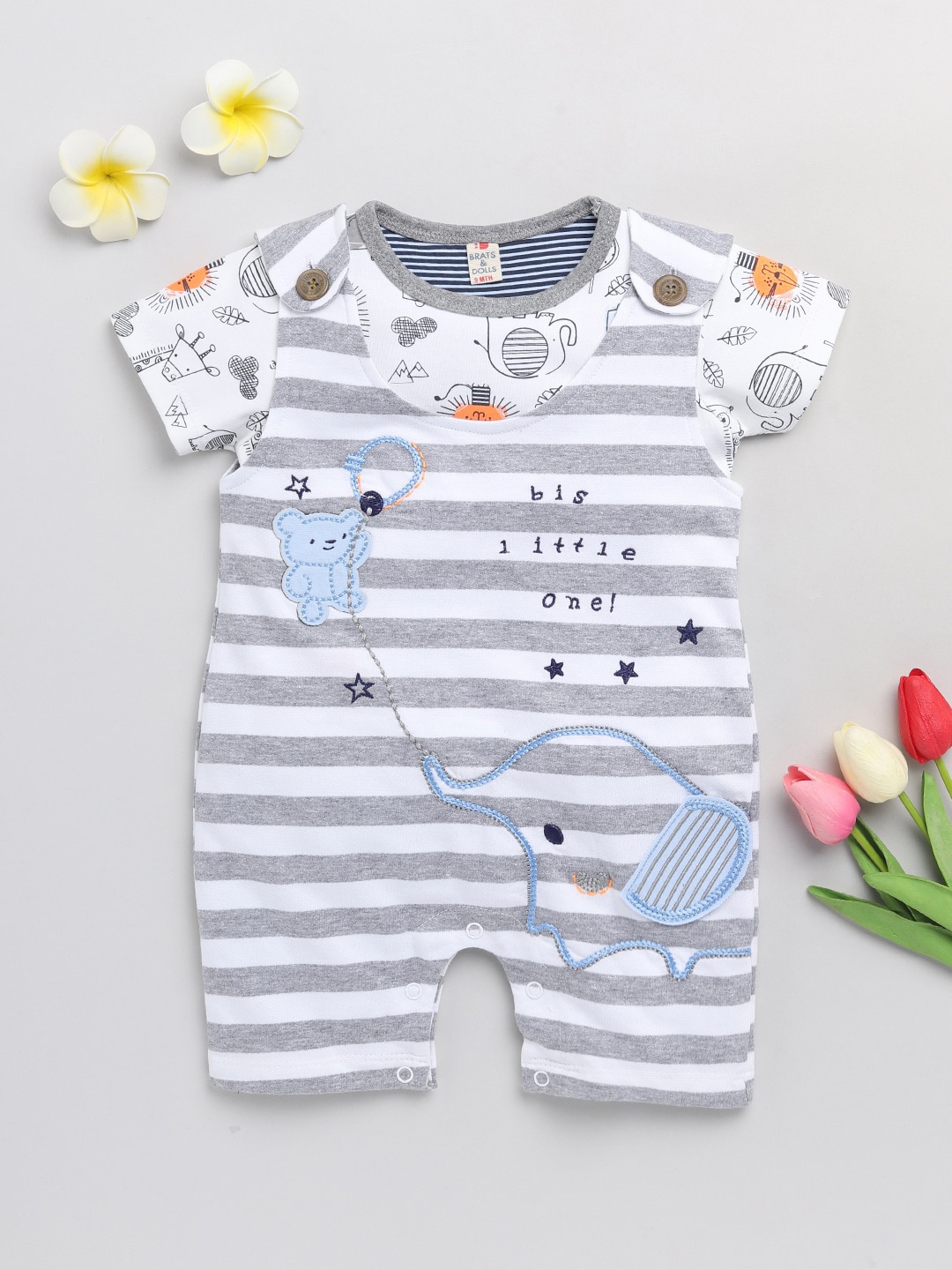 

BRATS AND DOLLS Boys Grey & White Printed Cotton Rompers