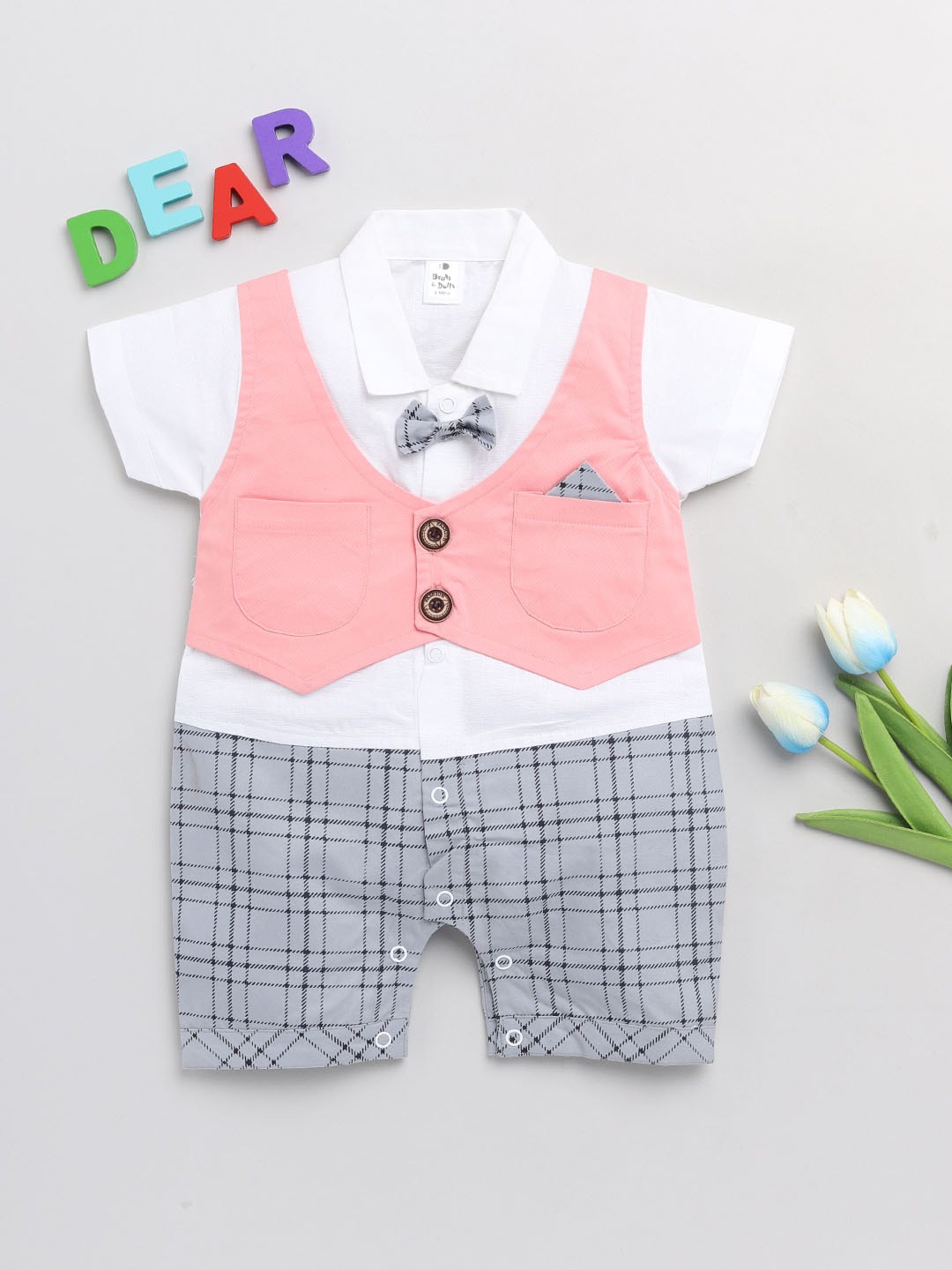 

BRATS AND DOLLS Infants Pink & Grey Printed Pure Cotton Rompers