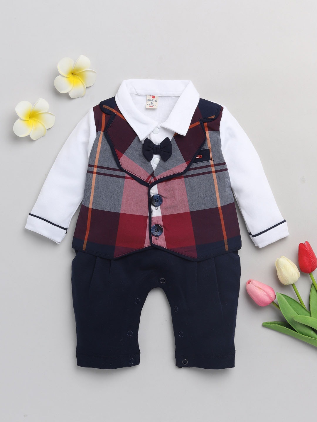 

BRATS AND DOLLS Infants Boys Maroon & Navy-Blue Checked Cotton Romper