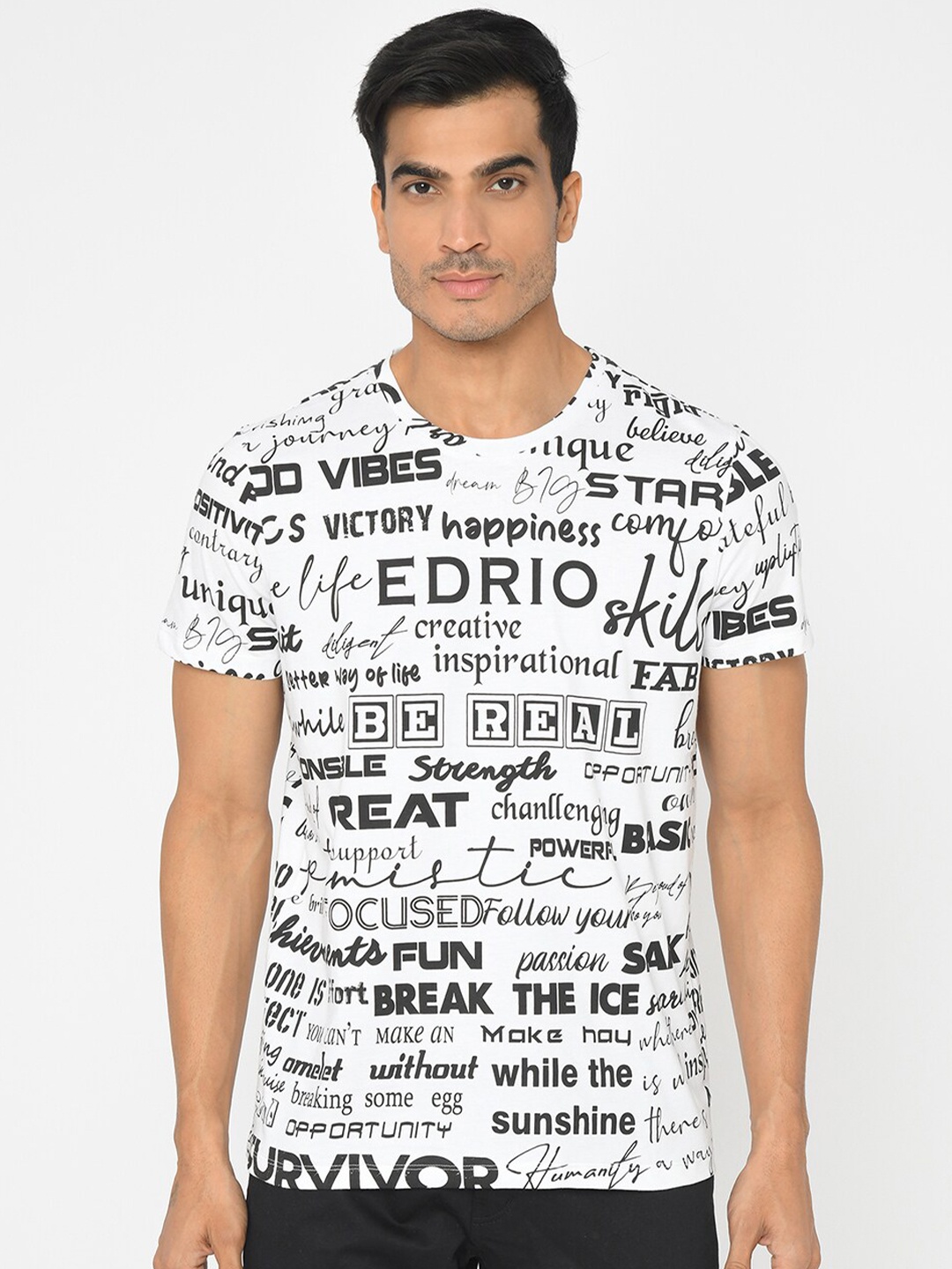 

EDRIO Men White & Black Typography Printed Pure Cotton T-shirt