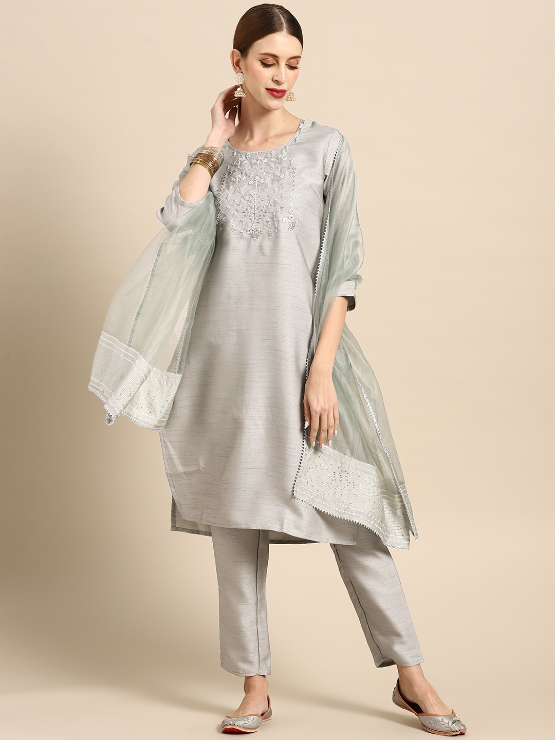 

Anouk Women Grey Yoke Design Kurta with Trousers & Dupatta