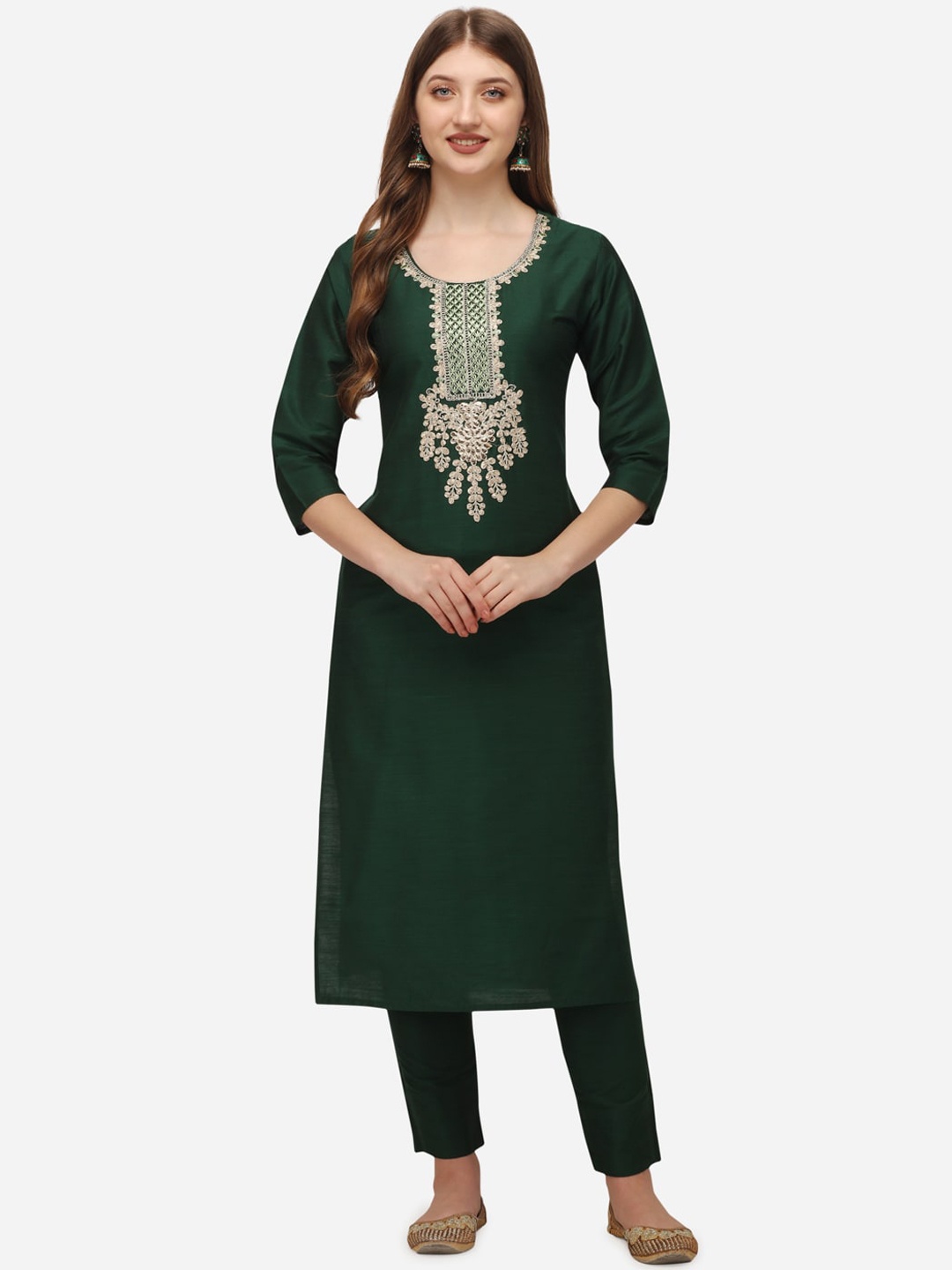 

POONAM DESIGNER Women Green Floral Yoke Design Kurti with Trousers