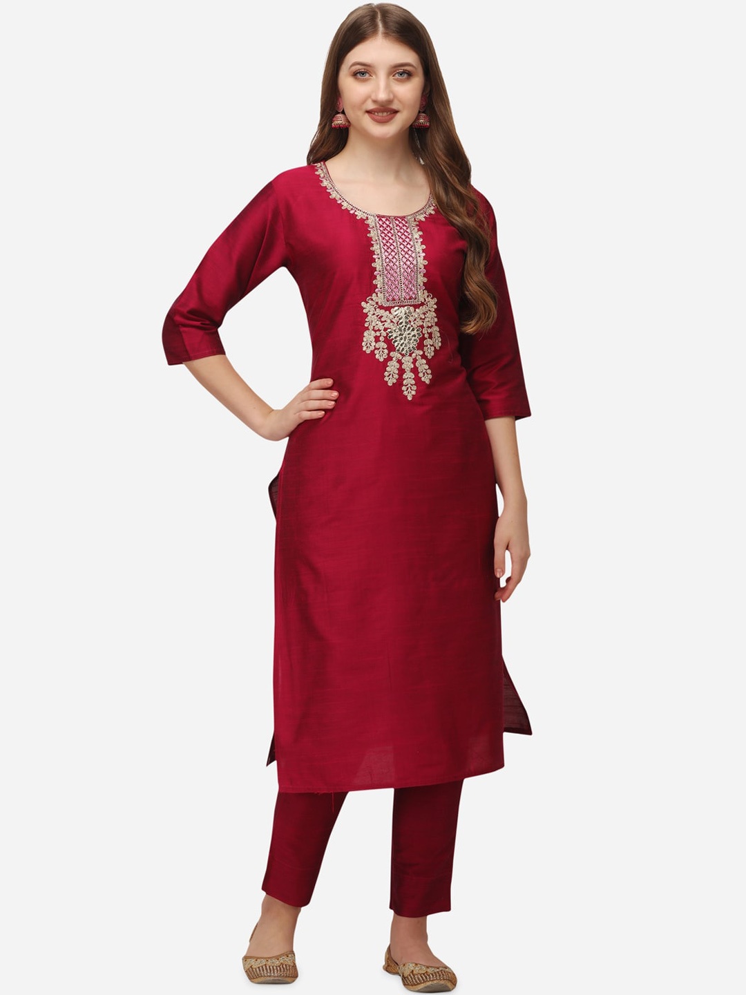 

POONAM DESIGNER Women Magenta Ethnic Motifs Embroidered Kurta with Trousers